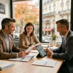 Couple discutant d'un financement immobilier avec un conseiller dans une agence à Lyon