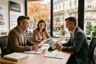 Couple discutant d'un financement immobilier avec un conseiller dans une agence à Lyon