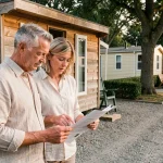 Couple examinant des documents administratifs devant une résidence mobile dans un parc résidentiel de loisirs