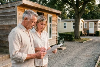 Couple examinant des documents administratifs devant une résidence mobile dans un parc résidentiel de loisirs