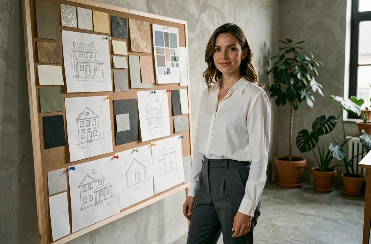 Architecte de l'Agence Rare devant un tableau d'inspiration avec maquettes et matériaux