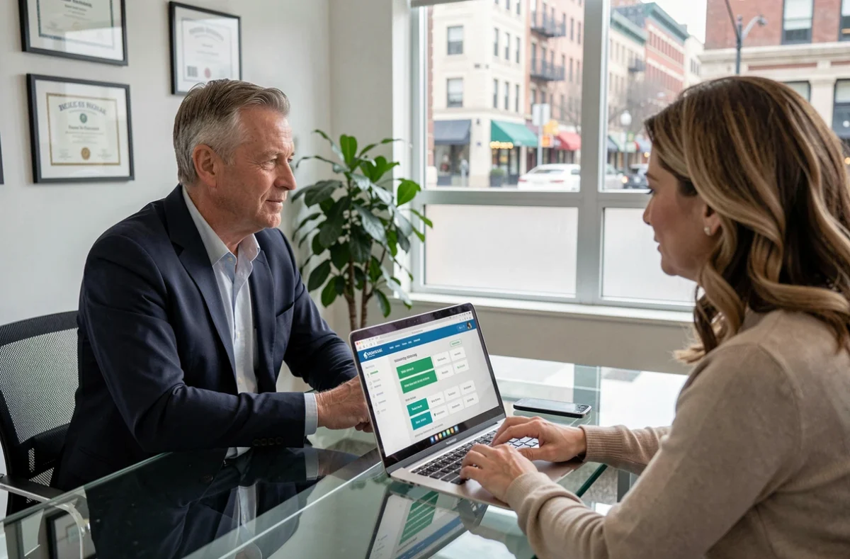 Agent d'assurance conseillant un couple sur les garanties pour leur maison individuelle