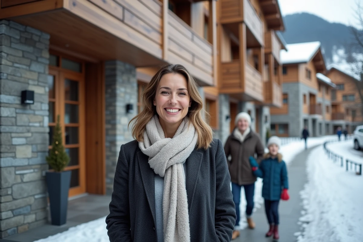 Agent immobilier accueillant famille devant appartement alpin