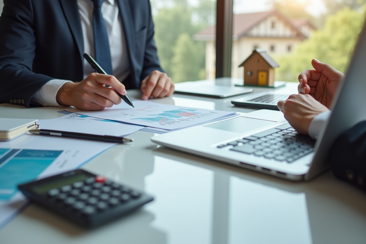 Agent immobilier discutant de documents avec un client dans un bureau lumineux