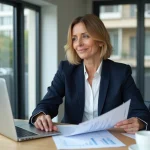 Agent immobilier professionnelle à Lyon estimant un loyer juste sur des documents dans une agence moderne