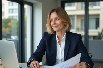Agent immobilier professionnelle à Lyon estimant un loyer juste sur des documents dans une agence moderne