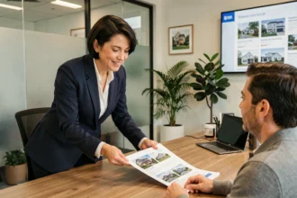 Agent immobilier femme présentant des documents d'honoraires à la charge du vendeur à un couple d'acheteurs dans une agence moderne