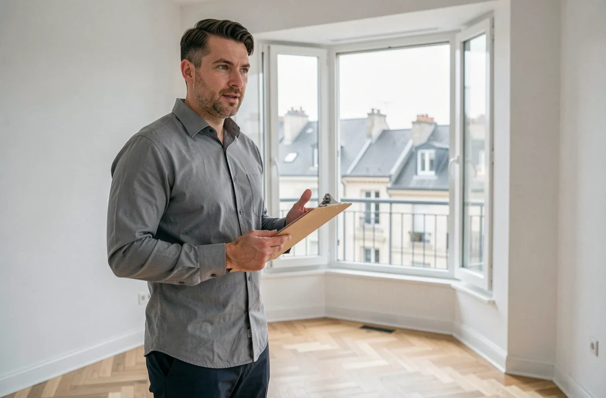 Agent immobilier IMMO PRIMA présentant un appartement vide avec vue sur les toits d'une ville bretonne