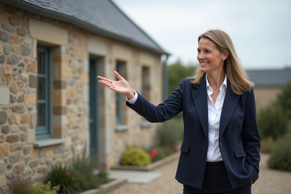 Agent immobilière présentant une maison en pierre normande proche du littoral