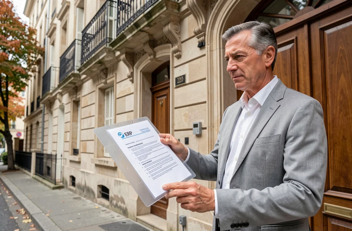 Agent immobilier présentant un rapport ERP conforme devant une façade d'immeuble résidentiel