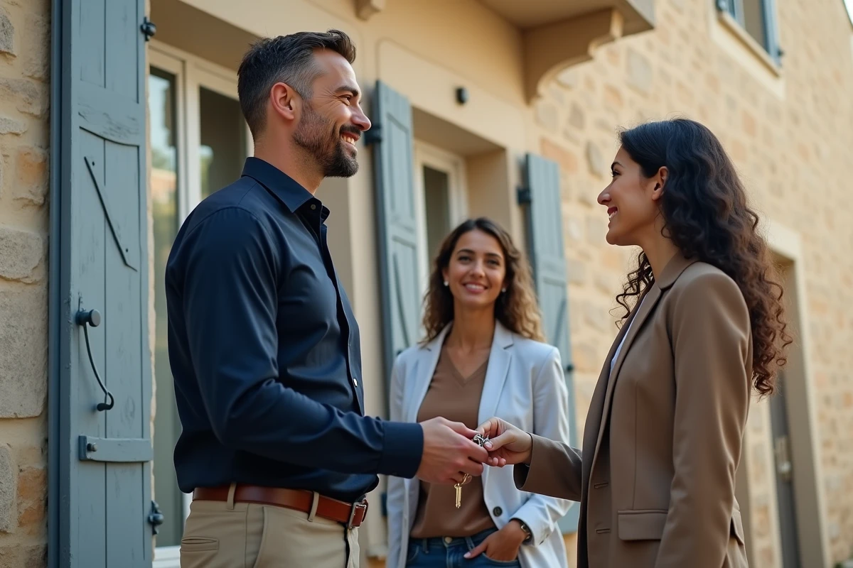 Agent immobilier remettant les clés d'une maison à Béziers à de nouveaux locataires