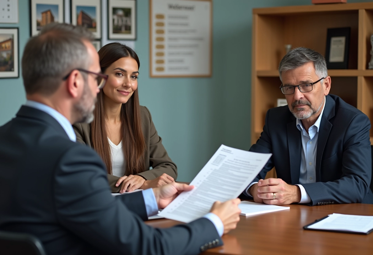 Agent immobilier remettant des documents à un couple