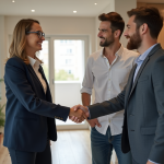 Agent immobilier confiante avec couple dans appartement rénové