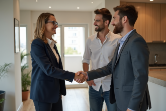 Agent immobilier confiante avec couple dans appartement rénové