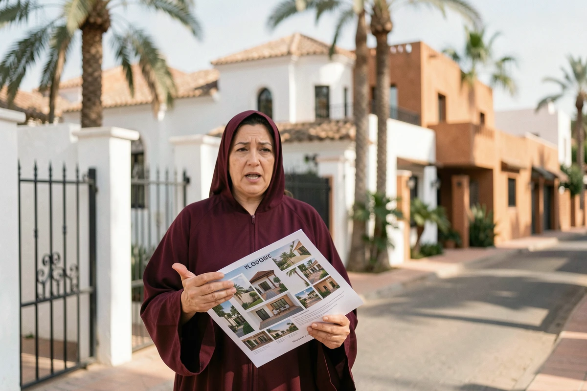 Agent immobilière présentant une villa à vendre à Marrakech avec architecture marocaine authentique en arrière-plan