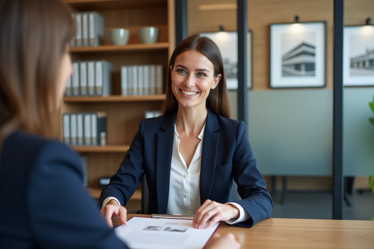 Agente immobilière présentant des garanties d'assurance à un client dans un bureau moderne