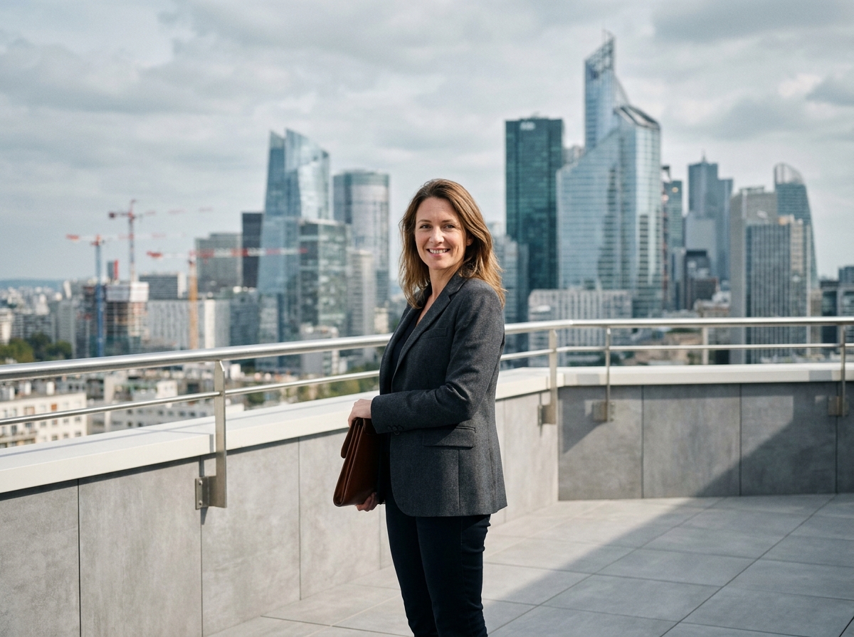 Agente immobilière sur la terrasse d'un appartement neuf à Nanterre avec vue sur La Défense