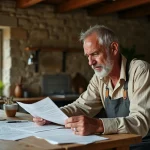 Agriculteur français d'âge mûr examinant des contrats de bail rural à ferme sur une table en bois dans une ferme traditionnelle