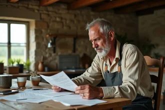 Agriculteur français d'âge mûr examinant des contrats de bail rural à ferme sur une table en bois dans une ferme traditionnelle