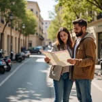 Couple analysant un quartier marseillais avant un achat immobilier, carte en main devant une école