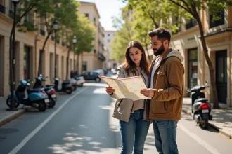 Couple analysant un quartier marseillais avant un achat immobilier, carte en main devant une école