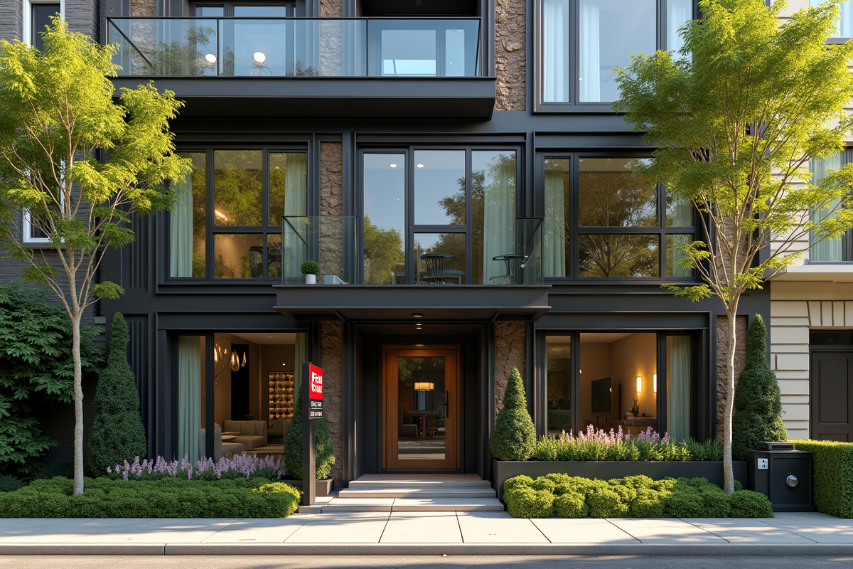 Immeuble d appartement avec panneau a louer et verdure environnante