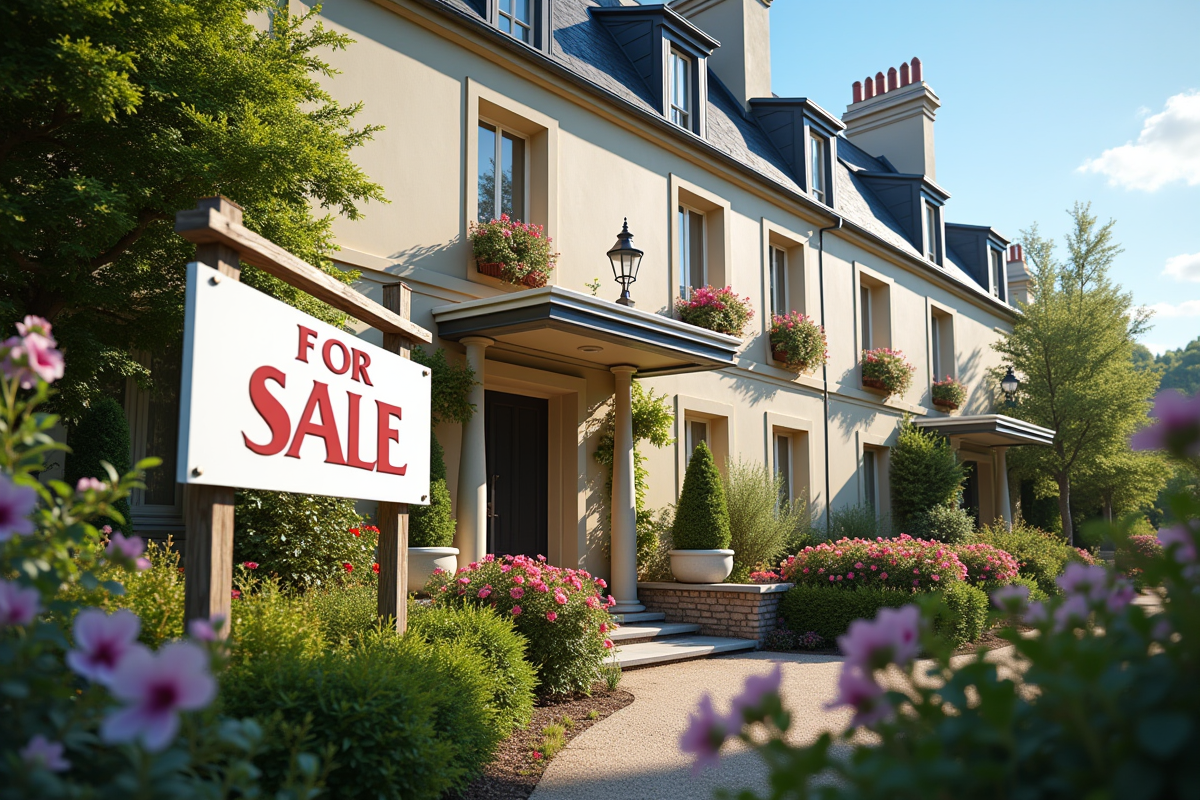 Panneau a vendre devant un immeuble parisien avec fleurs en avant