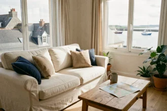 Appartement meublé lumineux à Concarneau avec vue sur le port depuis le salon, idéal pour une location à l'année
