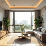 Salon lumineux d'un appartement moderne avec plantes vertes
