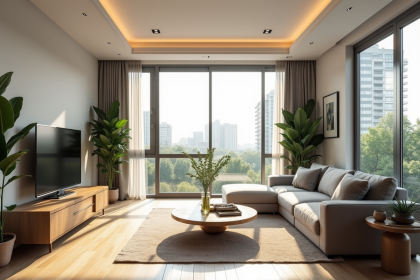 Salon lumineux d'un appartement moderne avec plantes vertes