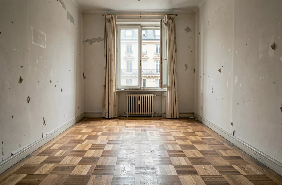 Appartement vacant abandonné avec parquet et murs défraîchis illustrant la taxe sur les logements vides