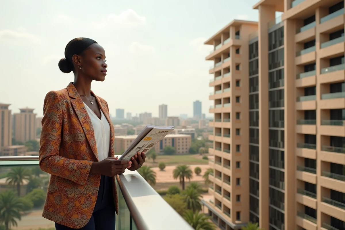 Une femme examine une brochure immobilière sur le balcon d'un appartement moderne à Dakar
