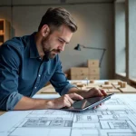 Architecte consultant un modèle BIM 3D sur tablette au-dessus de plans de construction, dans un studio d'architecture moderne en 2026
