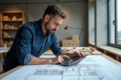Architecte consultant un modèle BIM 3D sur tablette au-dessus de plans de construction, dans un studio d'architecture moderne en 2026