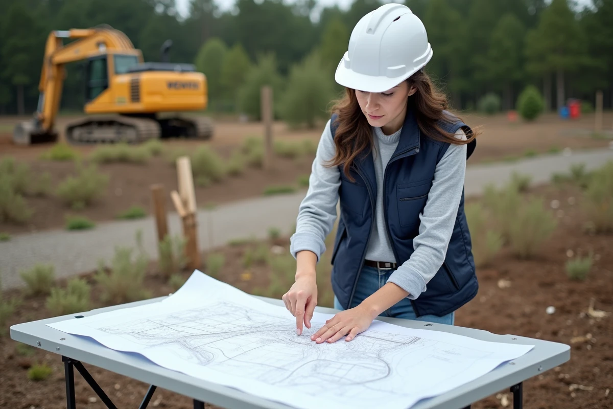 Architecte analysant des plans de réseau sur un terrain à viabiliser, anticipant les surcoûts techniques