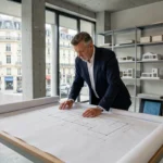 Architecte étudiant des plans dans un studio moderne des Hauts-de-Seine avec vue sur Paris