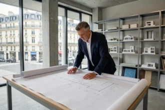 Architecte étudiant des plans dans un studio moderne des Hauts-de-Seine avec vue sur Paris
