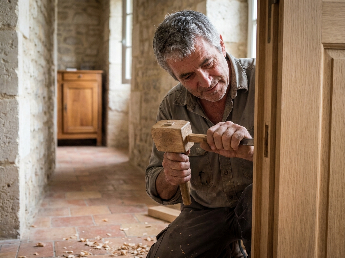 Artisan menuisier posant un cadre de porte en chêne dans une maison en pierre à Nîmes