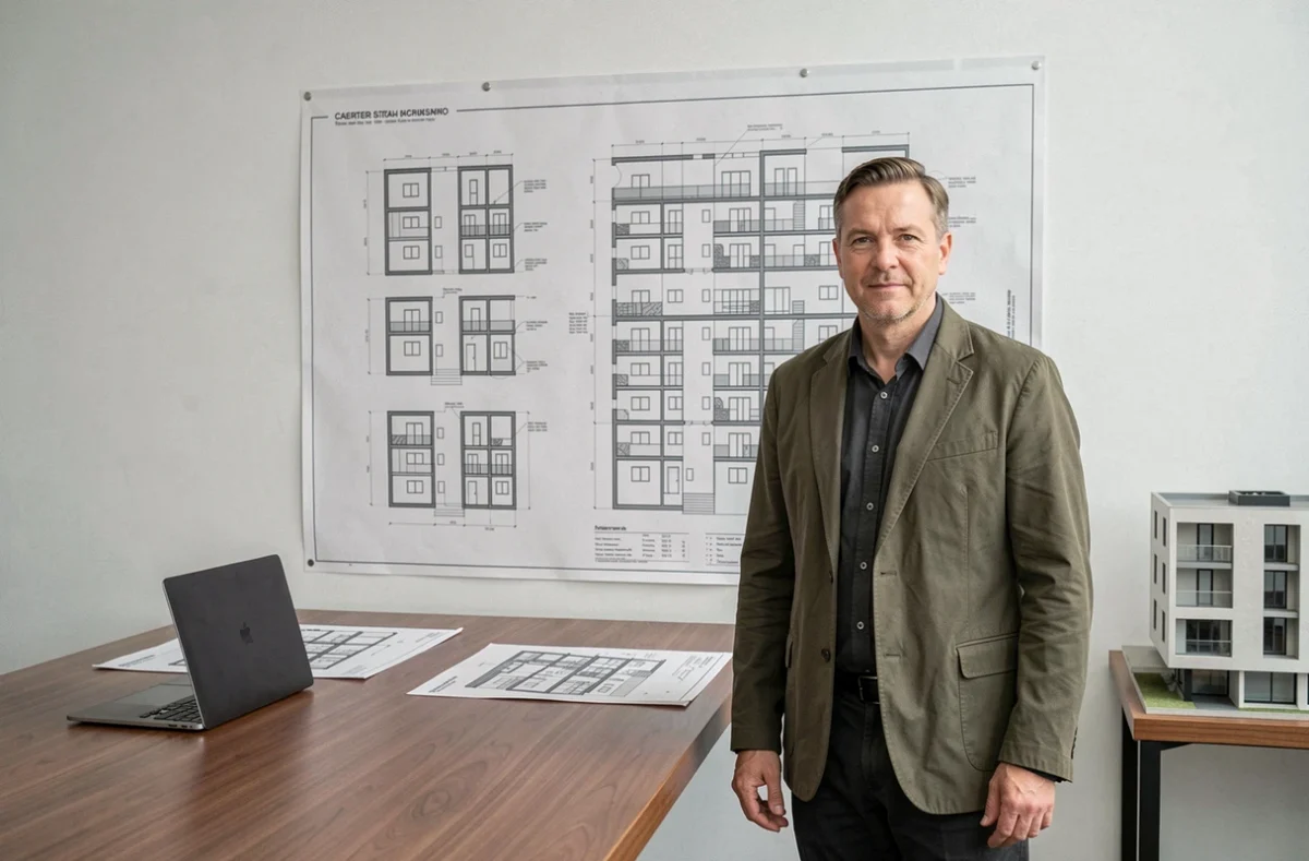 Architecte de l'Atelier Archi@Mede devant un grand plan de bâtiment résidentiel affiché au mur