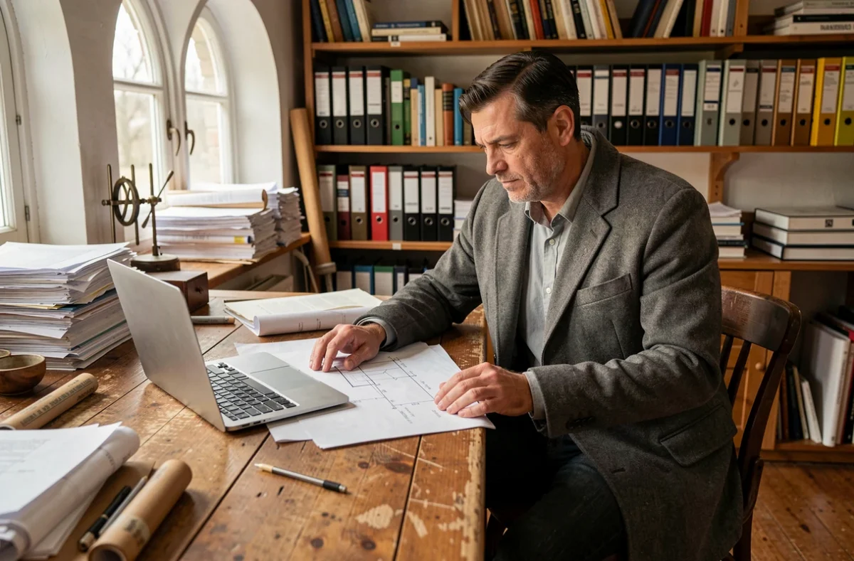 Architecte de L'Atelier du 23 - ALM travaillant sur des plans manuscrits dans un atelier chaleureux