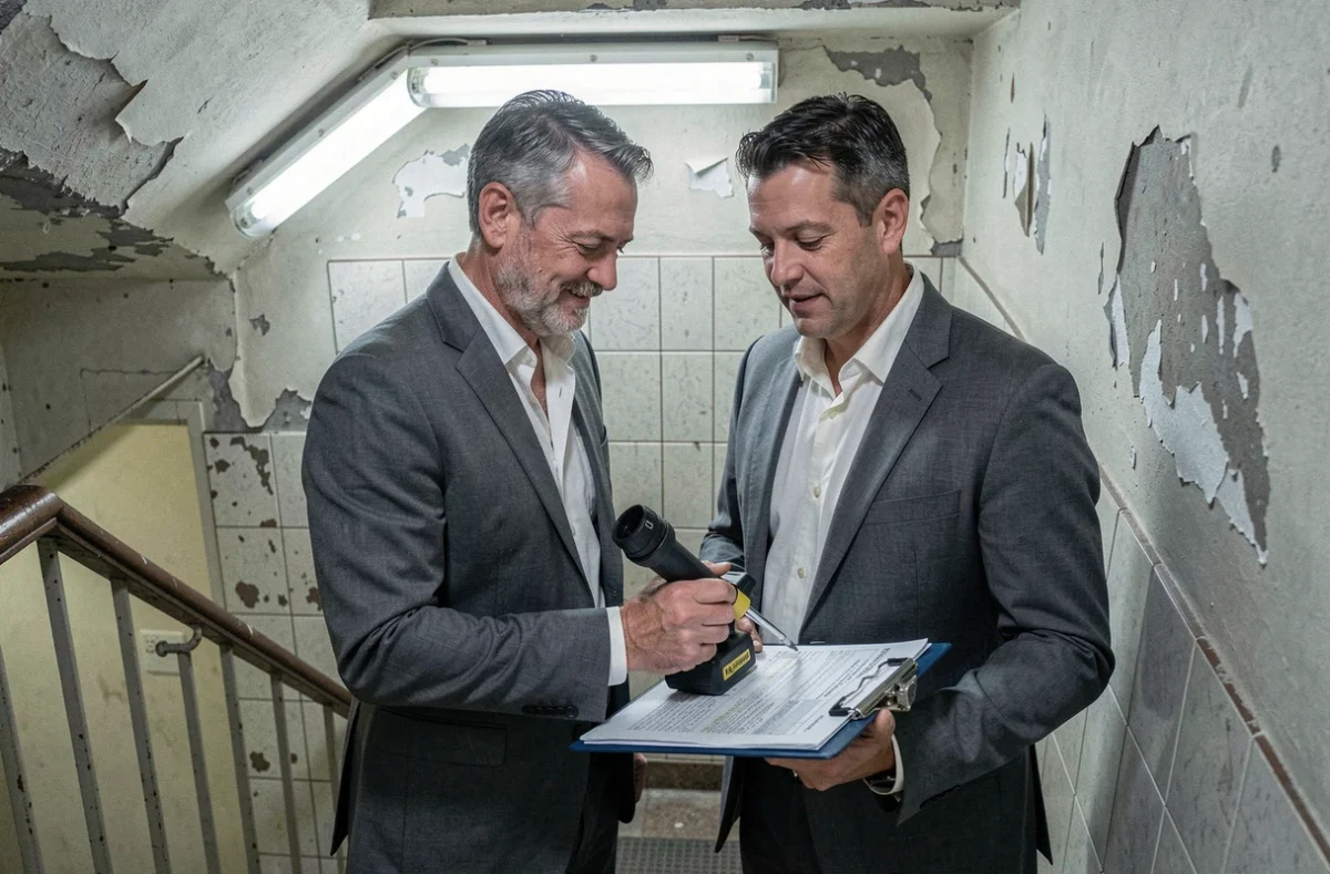 Auditeur Auditcert Conseil réalisant un diagnostic amiante dans une cage d'escalier de bâtiment des années 70