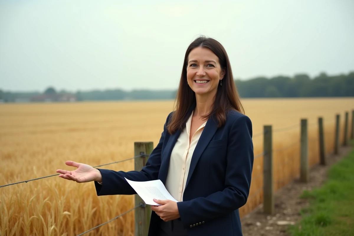 Avocate spécialisée en droit rural tenant un bail agricole dans un champ de blé en campagne française
