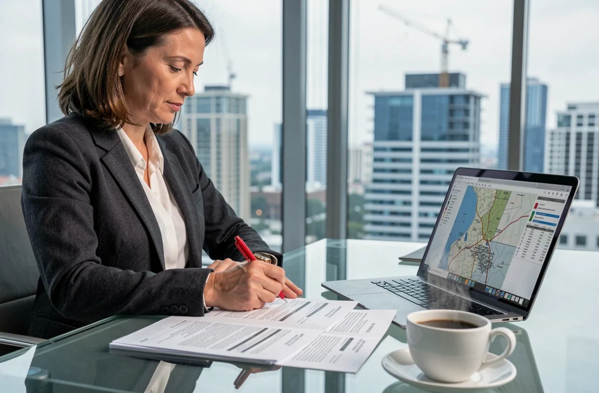 Avocate spécialisée en droit immobilier annotant un compromis de vente de terrain dans un bureau moderne avec vue sur un chantier urbain