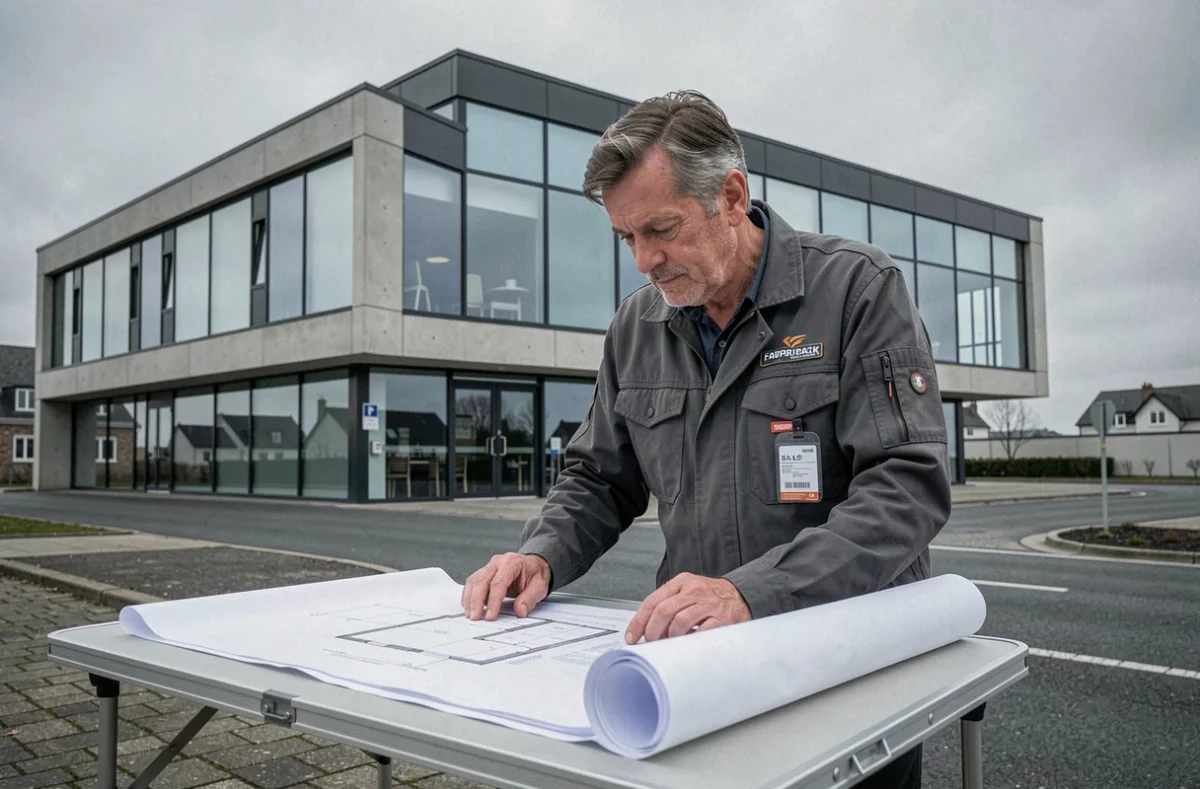 Ingénieur Bureau d'Etudes Pochat analysant des plans techniques devant un bâtiment commercial à Brest
