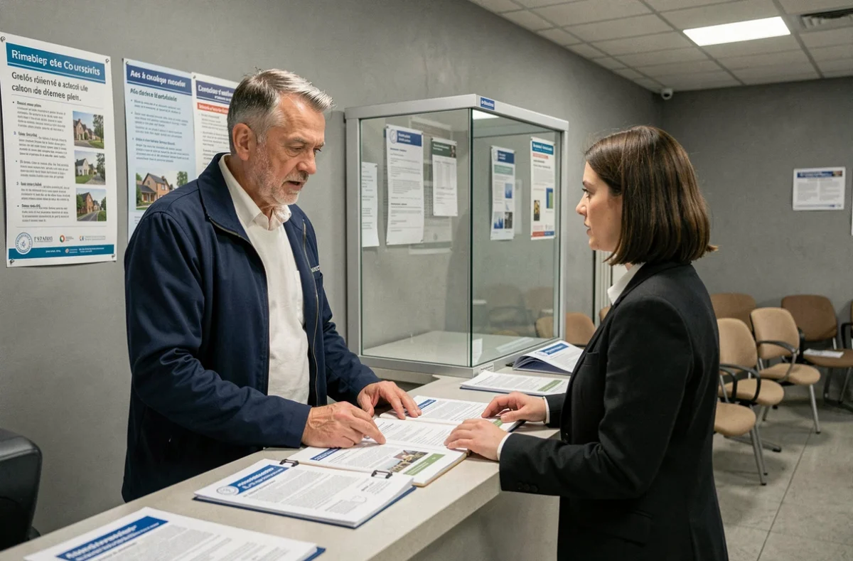 Homme consultant un agent administratif dans un bureau d'attribution de logement social à Paris