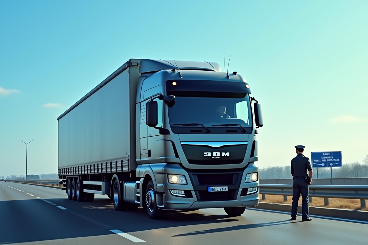 Camion cargo de 30m3 au contrôle routier en journée