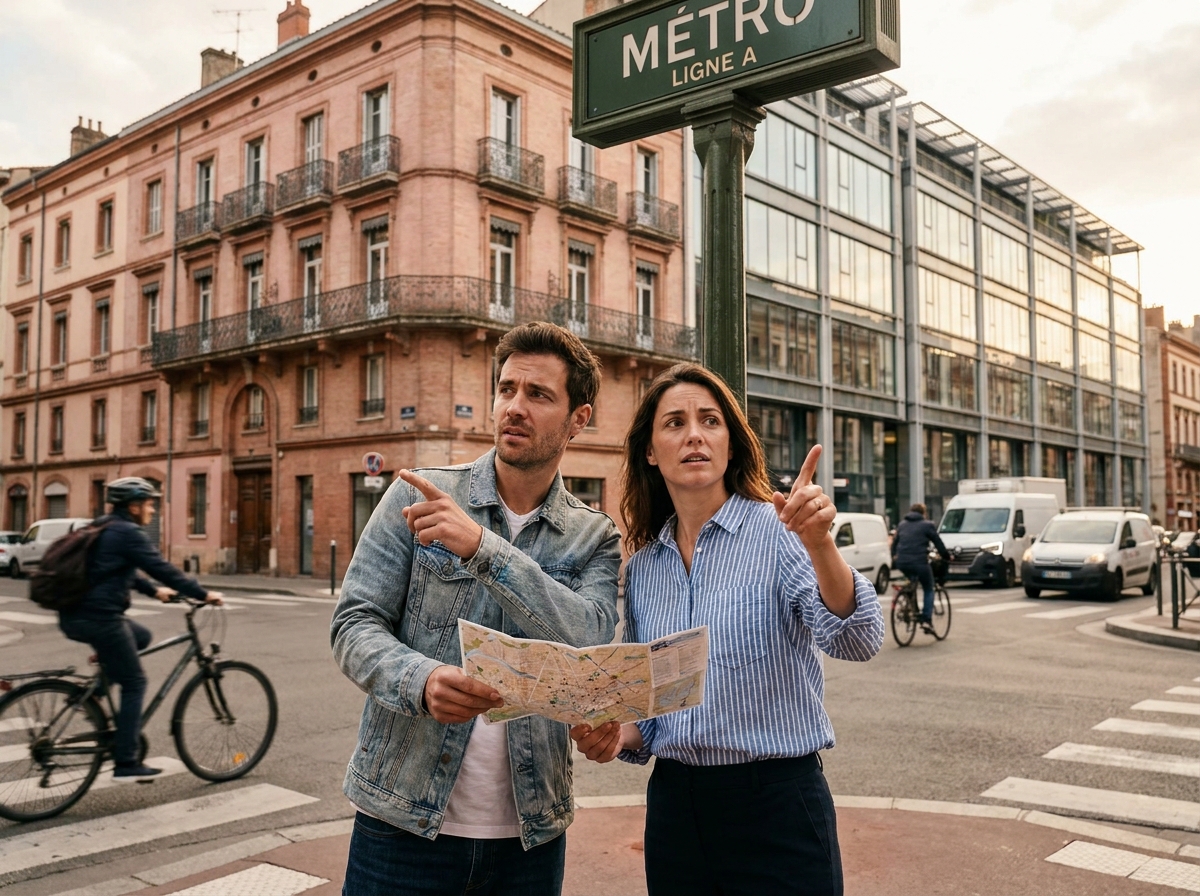 Deux professionnels consultant un plan à un carrefour de Toulouse entre quartier résidentiel et zone commerciale