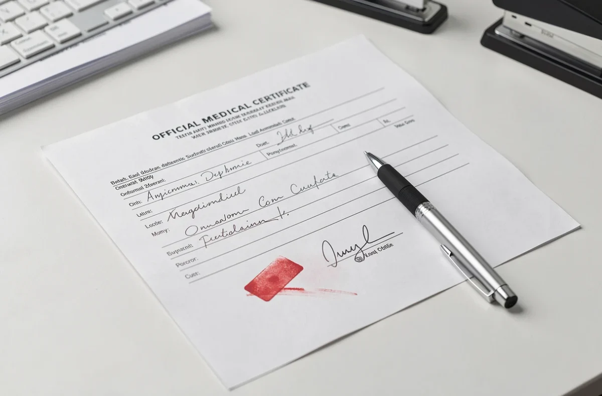 Certificat médical officiel avec tampon et signature pour justifier un préavis réduit en location