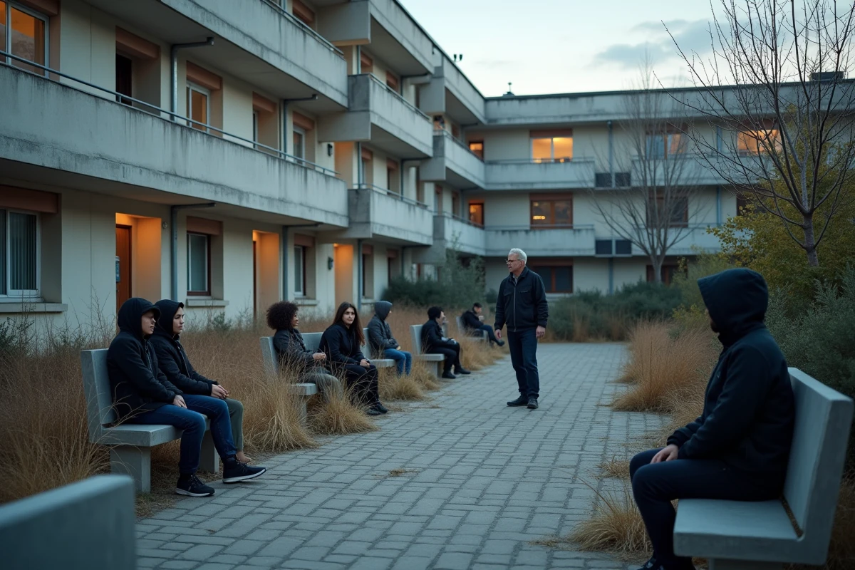 Cour intérieure d'une cité HLM à Fréjus avec résidents et ambiance de quartier sensible au crépuscule