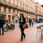 Femme professionnelle marchant dans le centre-ville de Toulouse en direction d'un commerce, immeubles en briques roses en arrière-plan
